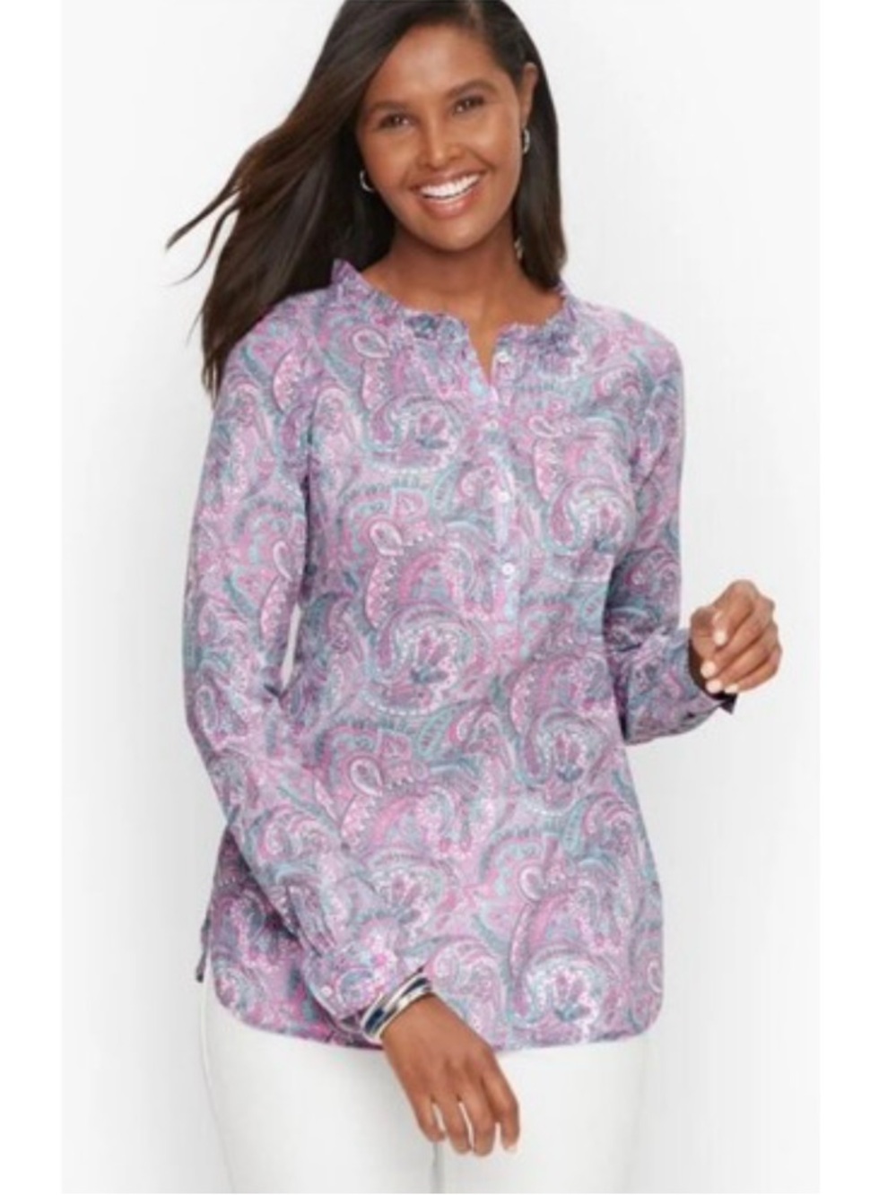 Talbots Colorful Paisley Button Henley Popover Peasant Blouse Purple 2X